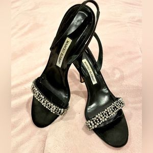 Manolo Blahnik black with rhine stones high heel sling-backs, size 9.5.